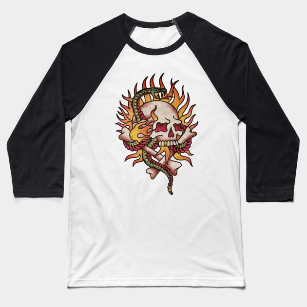 OldSalt American Traditional Firey Skull & Snake Baseball T-Shirt by OldSalt